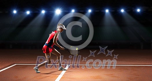 Pretty young woman playing tennis at playground. Mixed media Pretty young woman playing tennis at playground. Mixed media