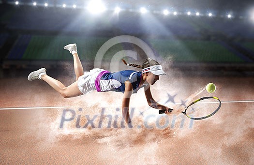 Pretty young woman playing tennis at playground. Mixed media Pretty young woman playing tennis at playground. Mixed media