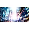 Media user interface with graphs and diagrams on modern cityscape
