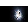 Elegant woman dancer in white dress against dark background