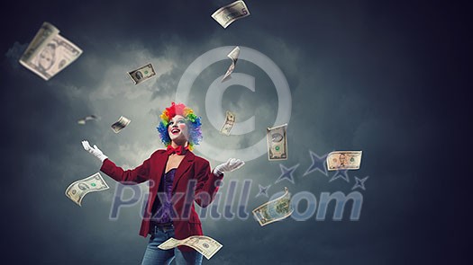 Woman with clown make up wearing wig juggling items . Mixed media Woman with clown make up wearing wig juggling items . Mixed media