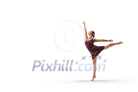Female dancer ballerina jumping on white background Female dancer ballerina jumping on white background