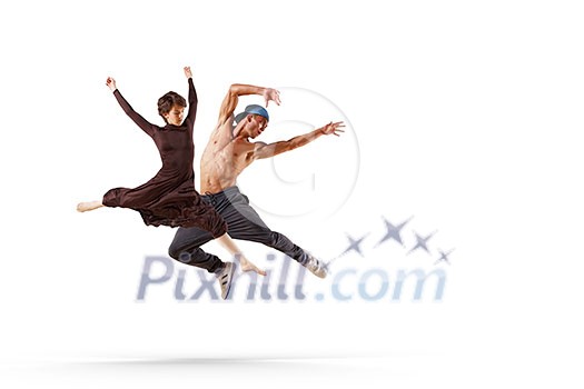 Male and female dancers acting on white background Male and female dancers acting on white background