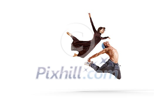 Male and female dancers acting on white background Male and female dancers acting on white background