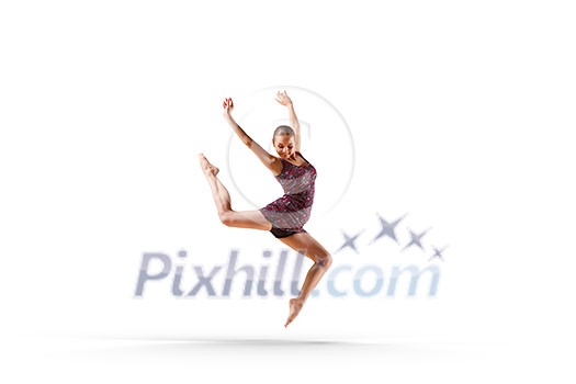 Female dancer ballerina jumping on white background Female dancer ballerina jumping on white background