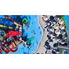 colorful water park aquapark water splash aerial top view of happy unidentified people and kids having fun and get relaxed