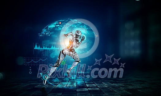 Woman cyborg running on dark background. Mixed media Woman cyborg running on dark background. Mixed media