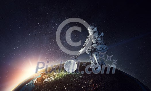 Cyborg woman benting knee to touch moon planet. Elements of this image are furnished by NASA Cyborg woman benting knee to touch moon planet. Elements of this image are furnished by NASA