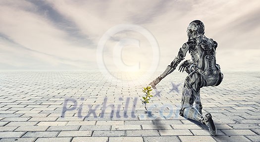 Cyborg woman benting knee to touch green sprout. Mixed media Cyborg woman benting knee to touch green sprout. Mixed media