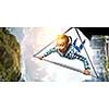 Brave hang glider pilot soaring high in sky. Mixed media
