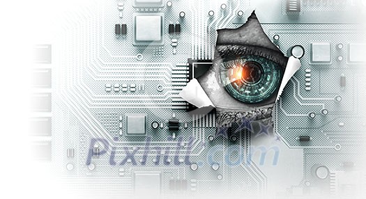 Male eye looks through hole in paper background. Mixed media Male eye looks through hole in paper background. Mixed media