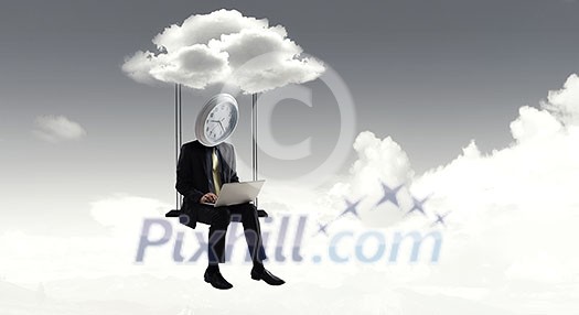 Businessman with alarm clock instead of his head. Mixed media Businessman with alarm clock instead of his head. Mixed media