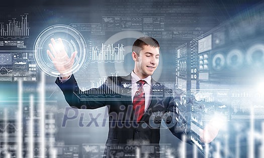Portrait of businessman working with virtual panel interface. Mixed media Portrait of businessman working with virtual panel interface. Mixed media