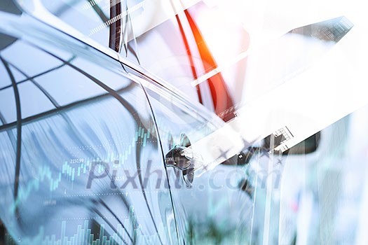 Double exposure of car and modern business concept. Mixed media Double exposure of car and modern business concept. Mixed media