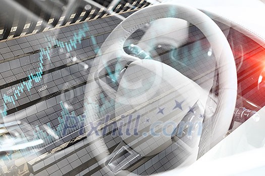Double exposure of car and modern business concept. Mixed media Double exposure of car and modern business concept. Mixed media