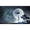 Silhouette of businesswoman flying on umbrella in night sky. Mixed media