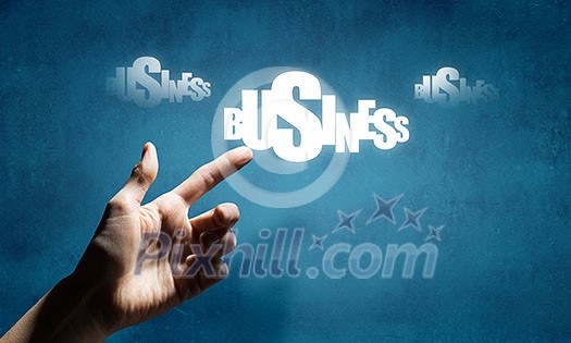 Human palm on blue background presenting success concept
