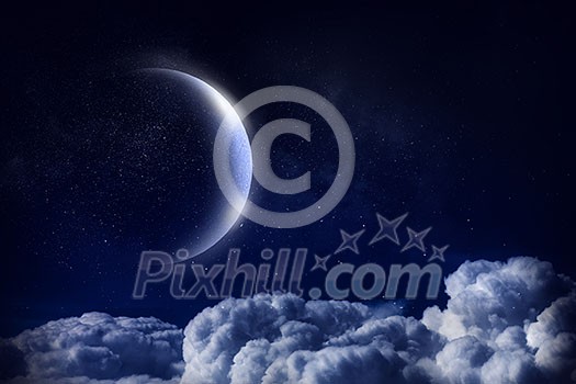 Nightly sky with moon stars and clouds Nightly sky with moon stars and clouds
