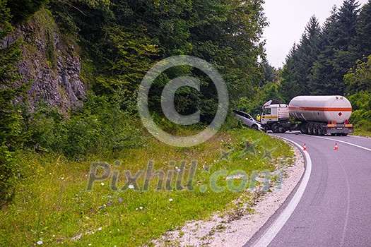Traffic accident Truck and Car crash accident on the beautiful nature road Traffic accident Truck and Car crash accident on the beautiful nature road