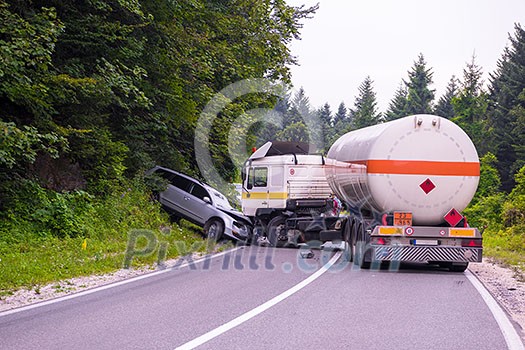 Traffic accident Truck and Car crash accident on the beautiful nature road Traffic accident Truck and Car crash accident on the beautiful nature road