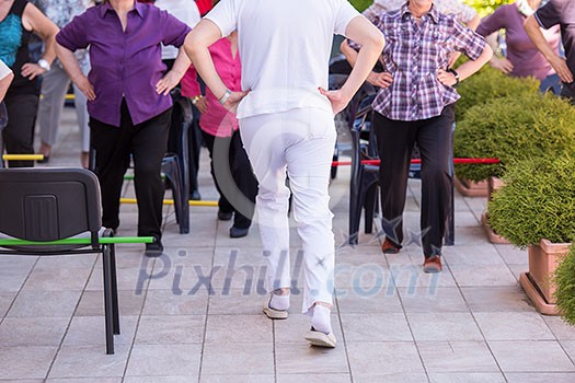 trainer training motivated active healthy senior people to performing exercise in the park trainer training motivated active healthy senior people to performing exercise in the park