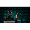 Hacker woman in dark clothes using laptop against digital background