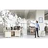 Businessman in office interior spraying paint from aerosol 