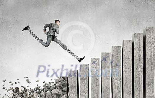 Businessman in suit running with big springs on feet Businessman in suit running with big springs on feet