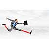Businessman in suit running with big springs on feet