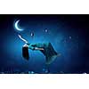 Elegant woman in green long dress floating in night sky