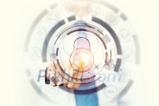 Hand of businessman pushing with finger icon on media interface Hand of businessman pushing with finger icon on media interface