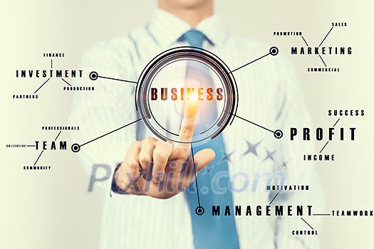 Hand of businessman touching digital icon on media screen Hand of businessman touching digital icon on media screen