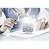 Hands of woman looking in magnifier at 3d illustration cube figure