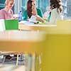 Group of university students studying hard for an exam in a lovely bright sunlit studying room/library