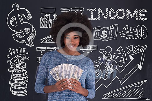 Portrait of a beautiful smiling afro american woman holding money isolated on a gray background Portrait of a beautiful smiling afro american woman holding money isolated on a gray background