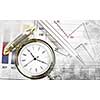 Pocket watch and business concepts on digital background