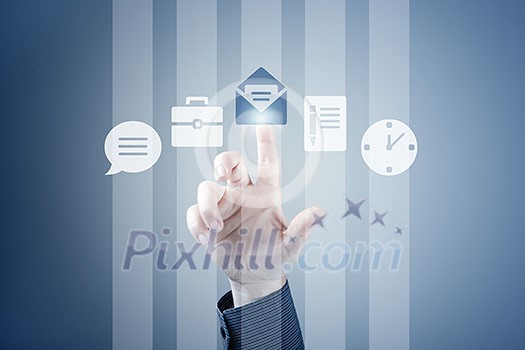 Hand of businessman pressing button on virtual screen Hand of businessman pressing button on virtual screen