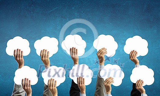 Many hands of business people holding cloud concept Many hands of business people holding cloud concept
