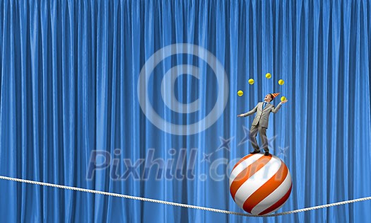 Young businessman standing on ball juggling with balls Young businessman standing on ball juggling with balls