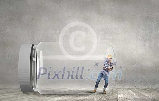 Builder man trapped in glass jar trying to escape Builder man trapped in glass jar trying to escape
