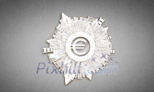 Euro sign with city buildings around on plain background Euro sign with city buildings around on plain background