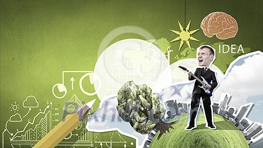 Young businessman playing guitar at composite collage background Young businessman playing guitar at composite collage background