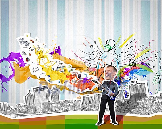 Young businessman playing guitar at composite collage background Young businessman playing guitar at composite collage background
