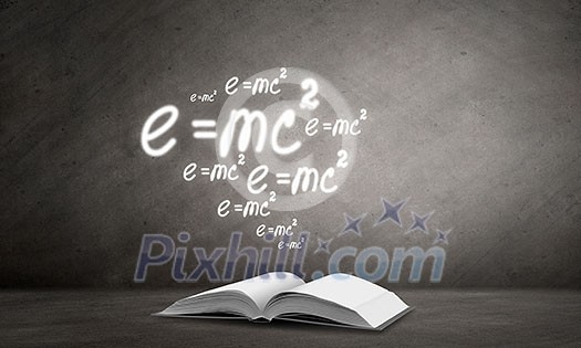 Old opened book with formula flying out of pages Old opened book with formula flying out of pages