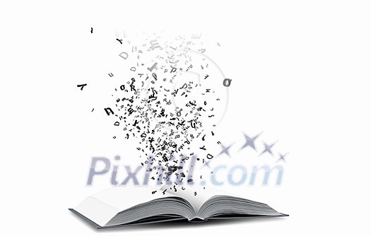 Opened book with characters flying of pages Opened book with characters flying of pages