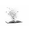 Opened book with characters flying of pages