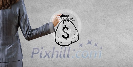 Back view of businesswoman holding drawn money bag Back view of businesswoman holding drawn money bag