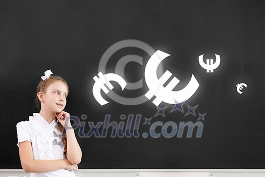 Cute thoughtful school girl and euro sign above her head Cute thoughtful school girl and euro sign above her head