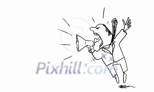 Caricature of angry businessman screaming in megaphone on white background Caricature of angry businessman screaming in megaphone on white background