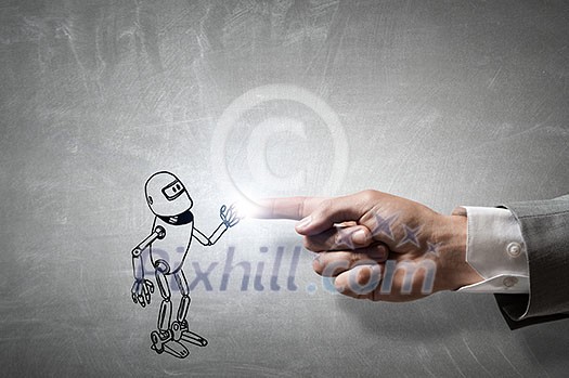 Human hand touching with finger robot sketched design Human hand touching with finger robot sketched design